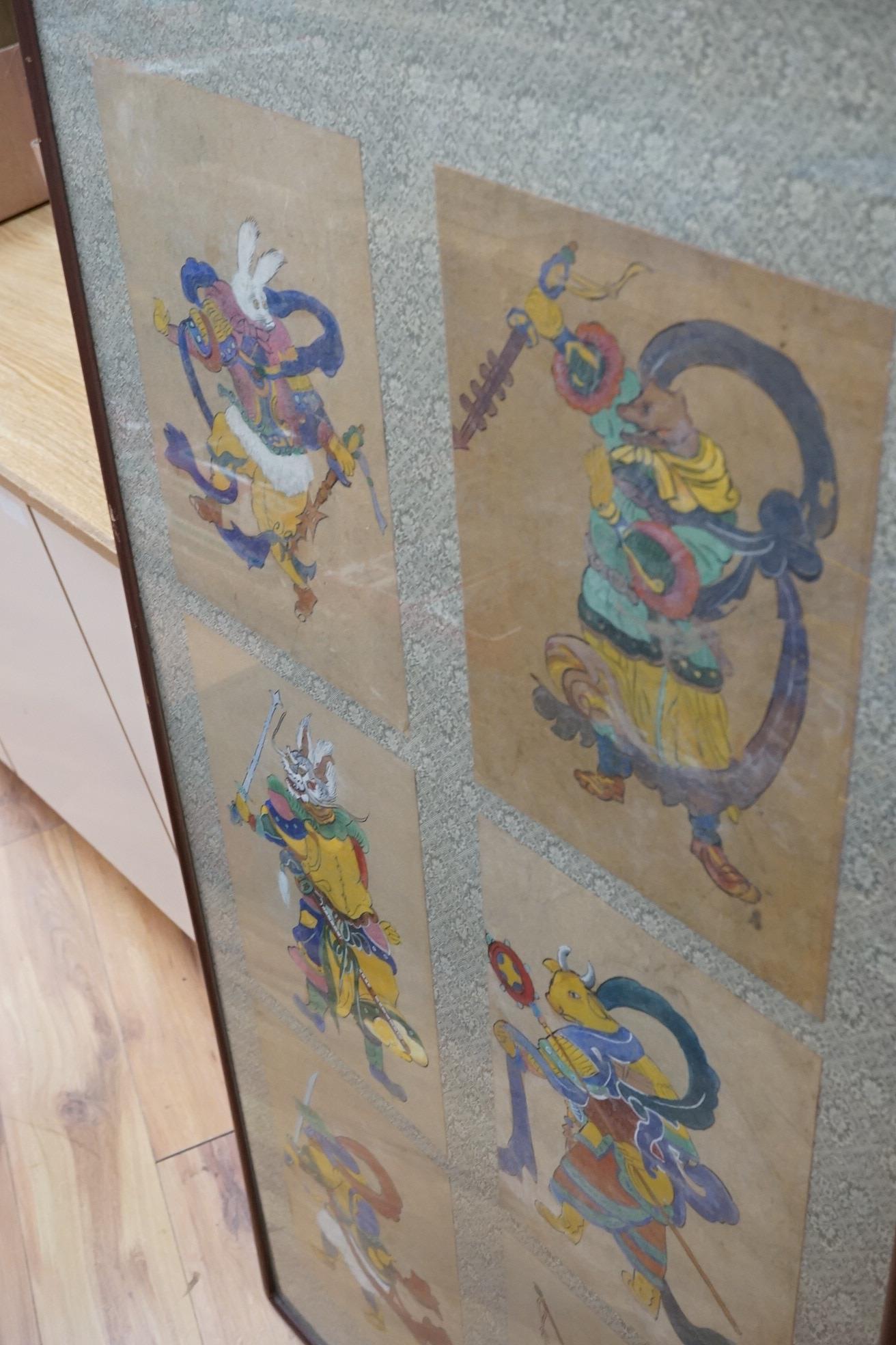 Chinese School, set of twelve watercolours, Signs of the Zodiac, mounted and framed as two, overall 139 x 71cm. Condition - fair